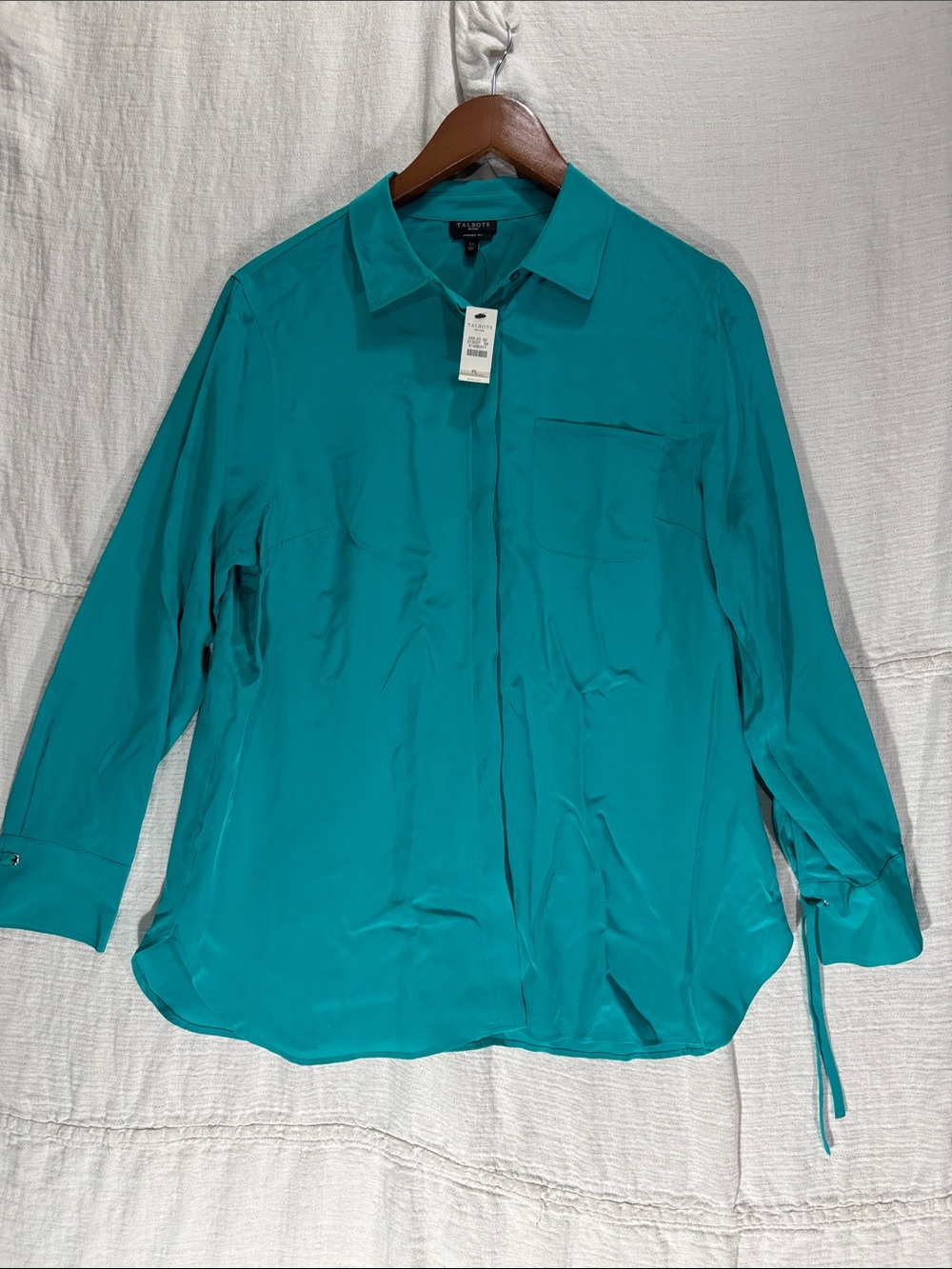 NWT Talbots Petites 100% Washable Silk Blouse Tie Cuff Teal Size Large Petite